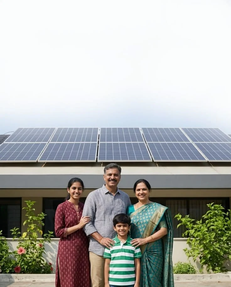 Indian family standing beneath a rooftop solar installation